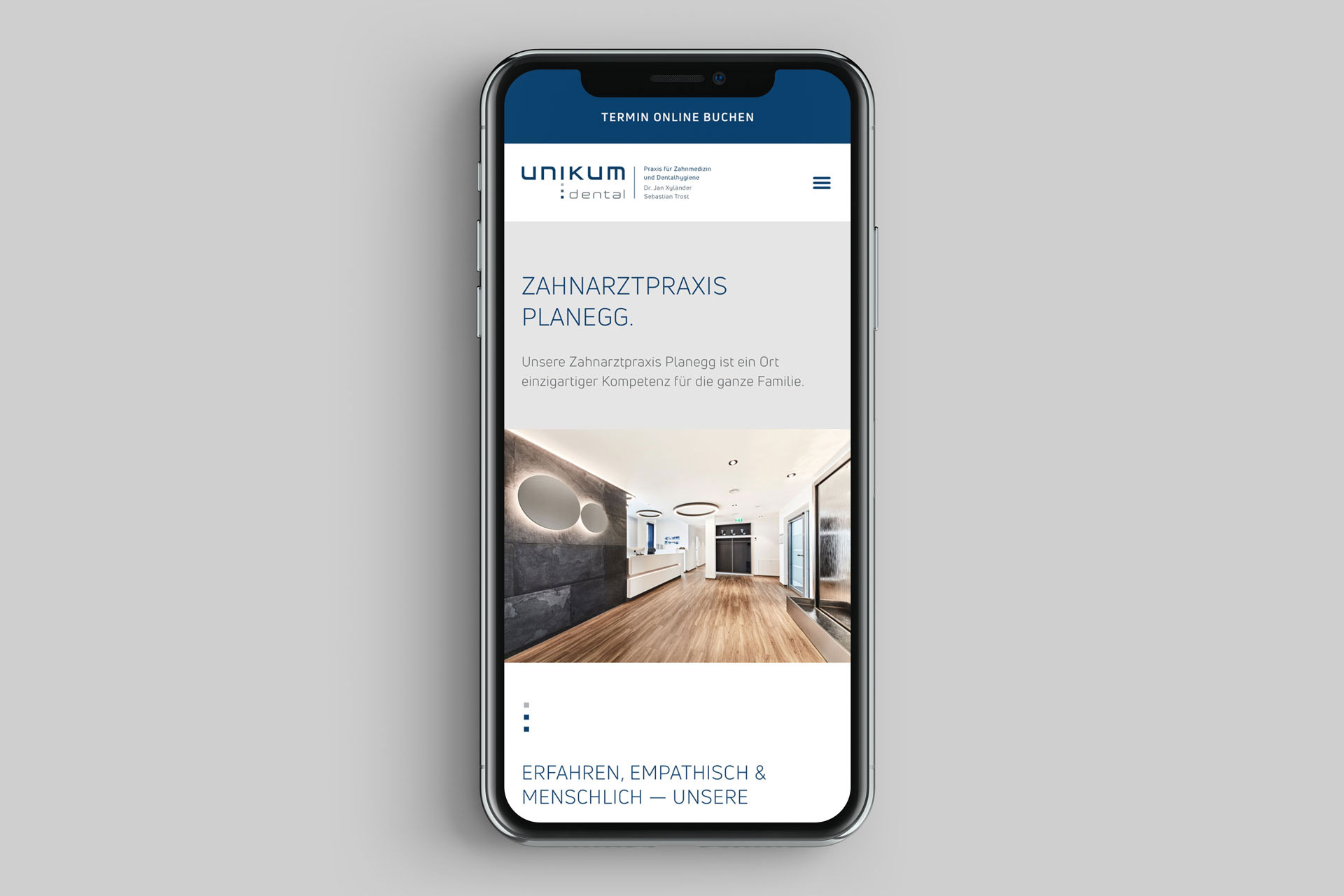 Aescura, Healthcare Agentur, Projekte, Webdesign Unikum.dental, iPhone